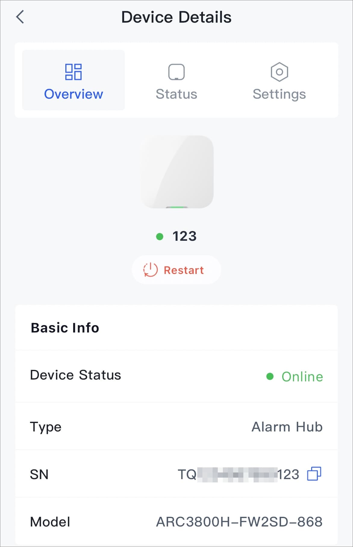 Enhedsoplysninger for alarmhub